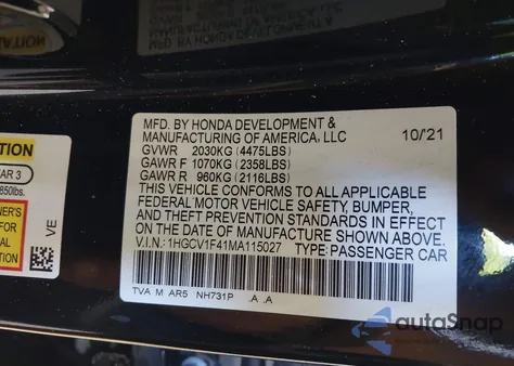 2021 Honda Accord Sport Special Edition from USA, damaged, VIN 1HGCV1F41MA115027